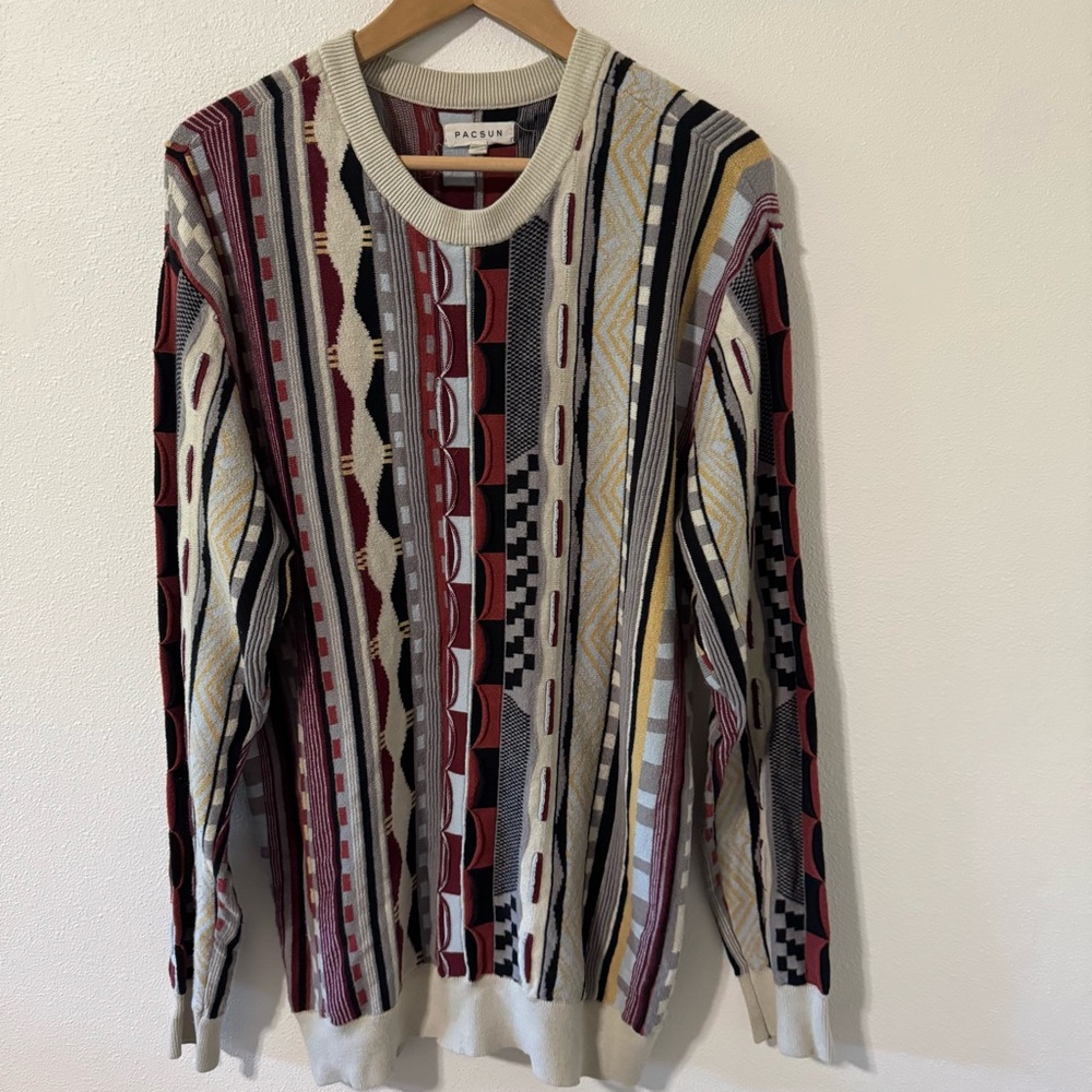 PacSun 3D Knit Multicolor Crewneck Sweater Retro Inspired Cotton Blend-Large